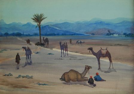 Resting camels and figures