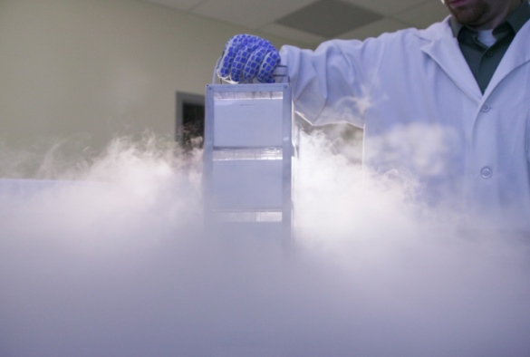 Scientist removing samples from a storage tank of liquid nitrogen