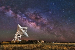A radio telescope at night