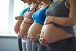 Young pregnant women standing in row