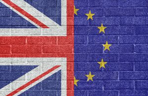 Illustration of the UK and EU flags on a wall