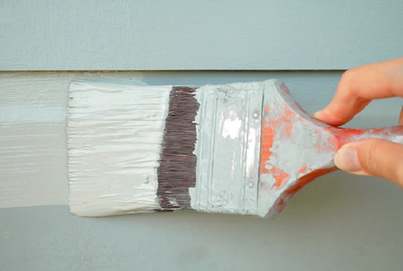 Hand holding brush painting timber wall