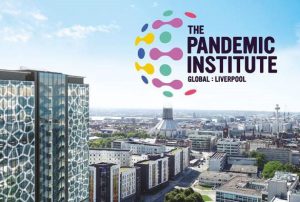 Aerial shot of the Spine building (Pandemic Institute host) overlaid with The Pandemic Institute logo