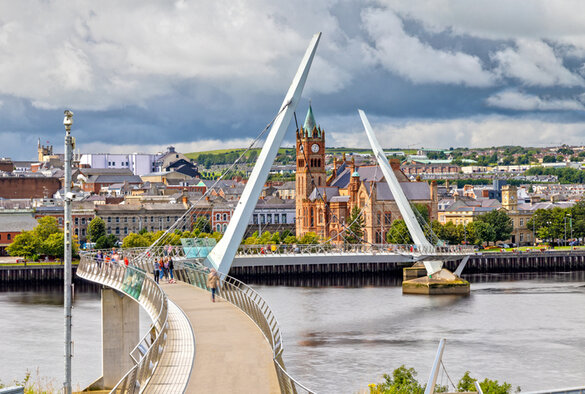 The Peace Bridge and Guildhall in Londonderry / Derry in Northern Ireland