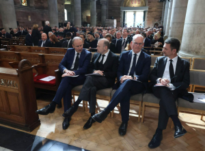 UK Northern Ireland secretary Chris Heaton-Harris (second left) and Northern Ireland minister Steve Baker (far right) at a service in Belfast, with Irish Taoiseach Micheal Martin (far left) and UK foreign affairs minister Simon Coveney (second right)