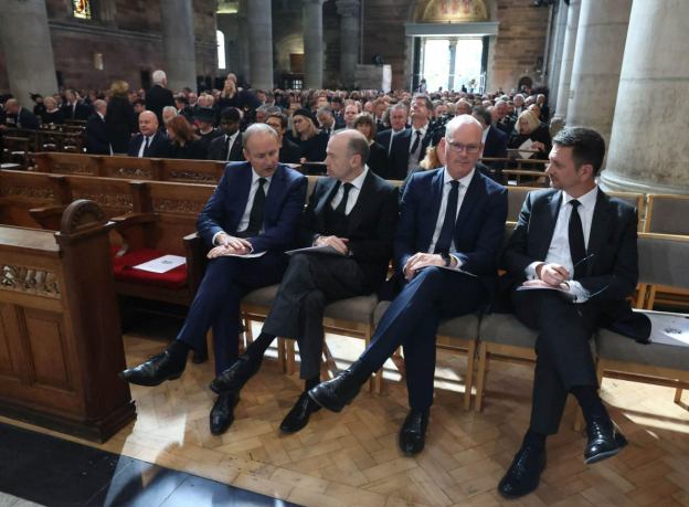 UK Northern Ireland secretary Chris Heaton-Harris (second left) and Northern Ireland minister Steve Baker (far right) at a service in Belfast, with Irish Taoiseach Micheal Martin (far left) and UK foreign affairs minister Simon Coveney (second right)