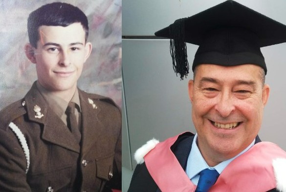 On the left is a picture of Phil in his army uniform when he was 16, on the right is a picture of him wearing BA graduation robes