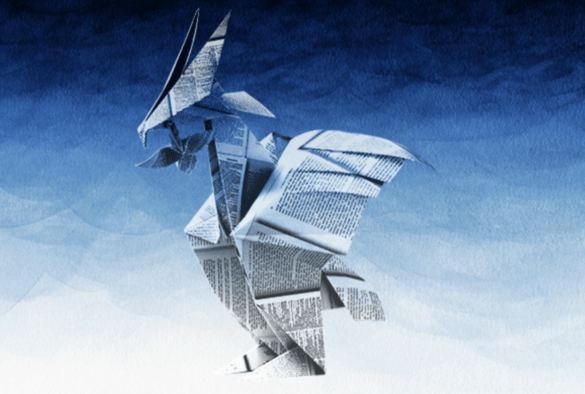 A liver bird made out of the page of a book on a blue background
