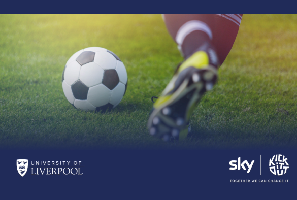 A football boot kicking a football with the University of Liverpool Sky and Kick it out logos