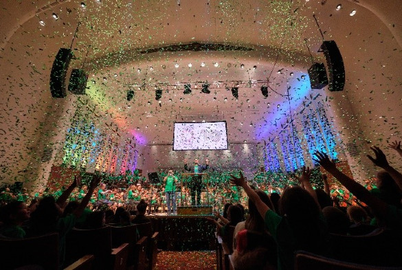 Concert on stage at Royal Liverpool Philharmonic, ticker tape falling