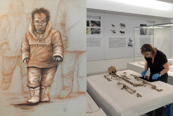 Romito (a drawing of an ice age teenager) on the left and his bones being examined on the right