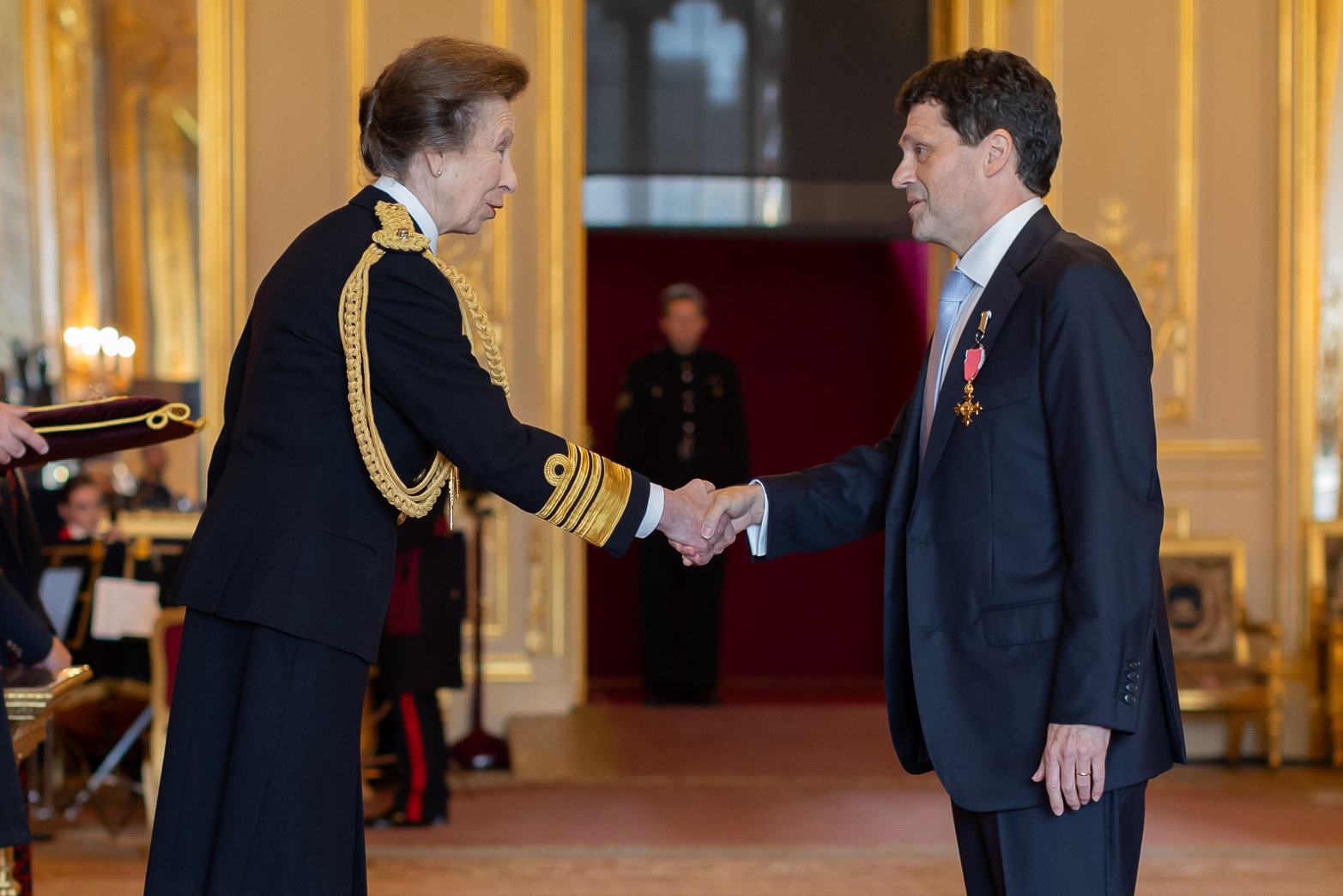 Photo of Professor Matt Rosseinsky shaking hands with HRH Princess Royal inside Windsor Castle