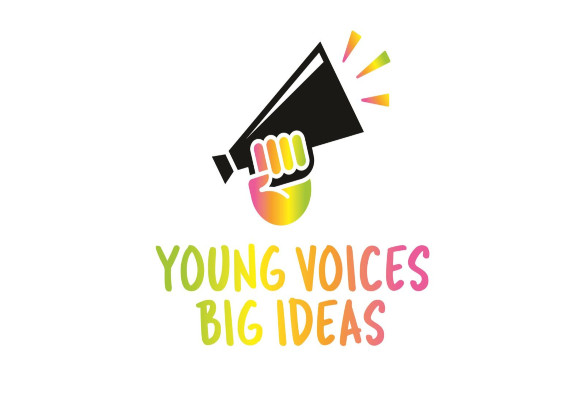 Young Voices Big Ideas logo, hand holding megaphone