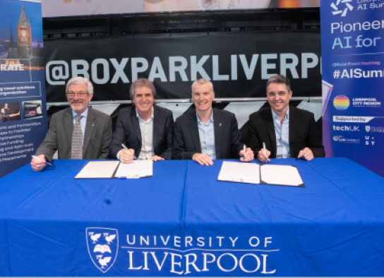 left to right – Prof Eann Patterson, Dean of the School of Engineering and AA Griffith Chair of Structural Materials & Mechanics, University of Liverpool; Steve Rotheram, Mayor, Liverpool City Region; Prof Tim Jones, Vice-Chancellor, University of Liverpool; and Paul Vernon, Executive Director, the Business and Innovation Directorate, STFC. 