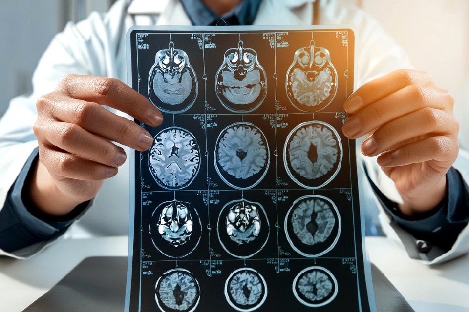 Close up of doctor's hands holding image from brain scan