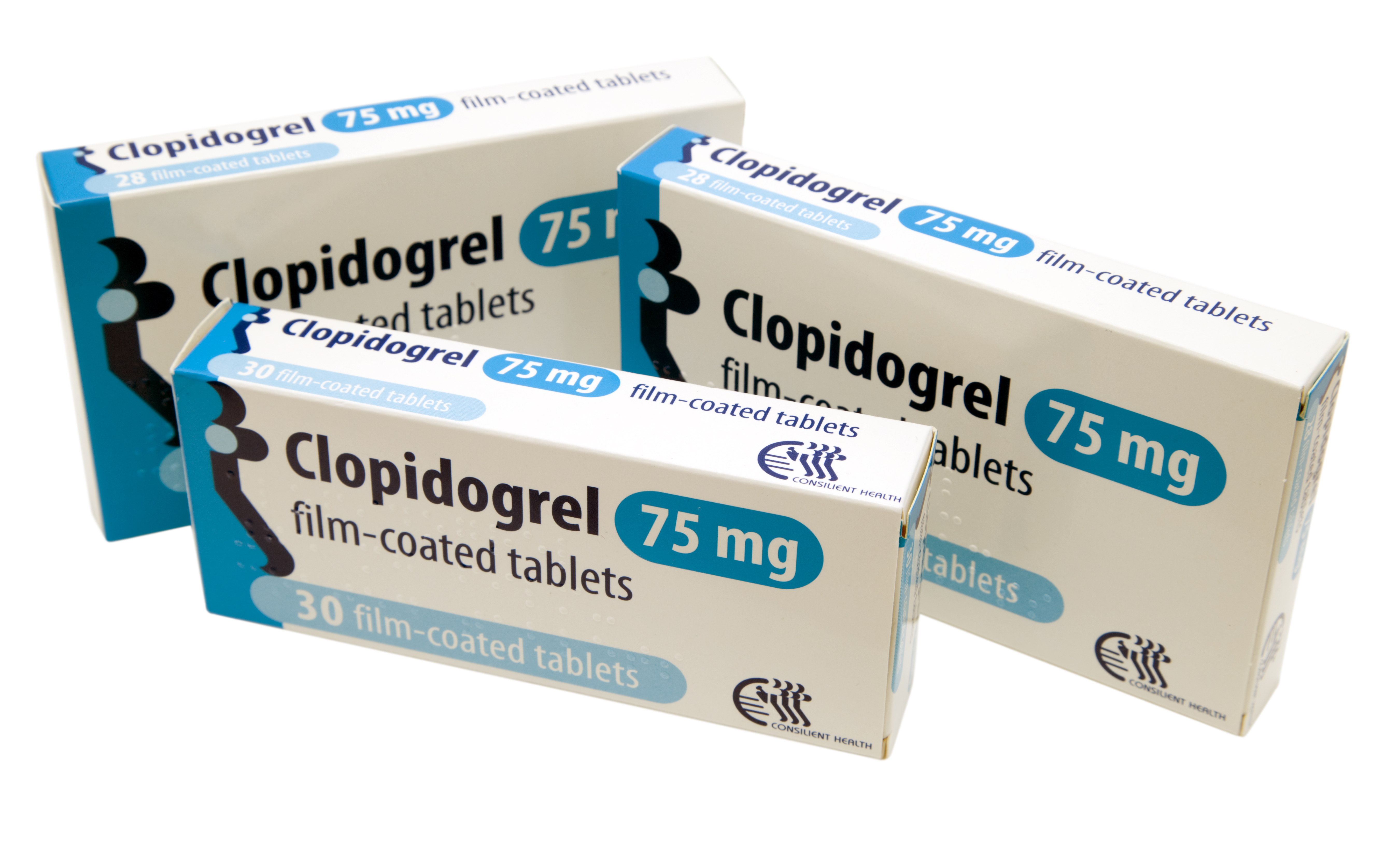 Boxes of clopidogrel medicine against white background