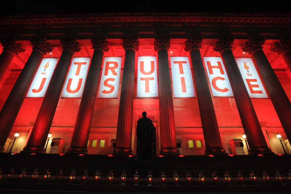 Hillsborough Truth Justice banner hung on Liverpool's St George's Hall
