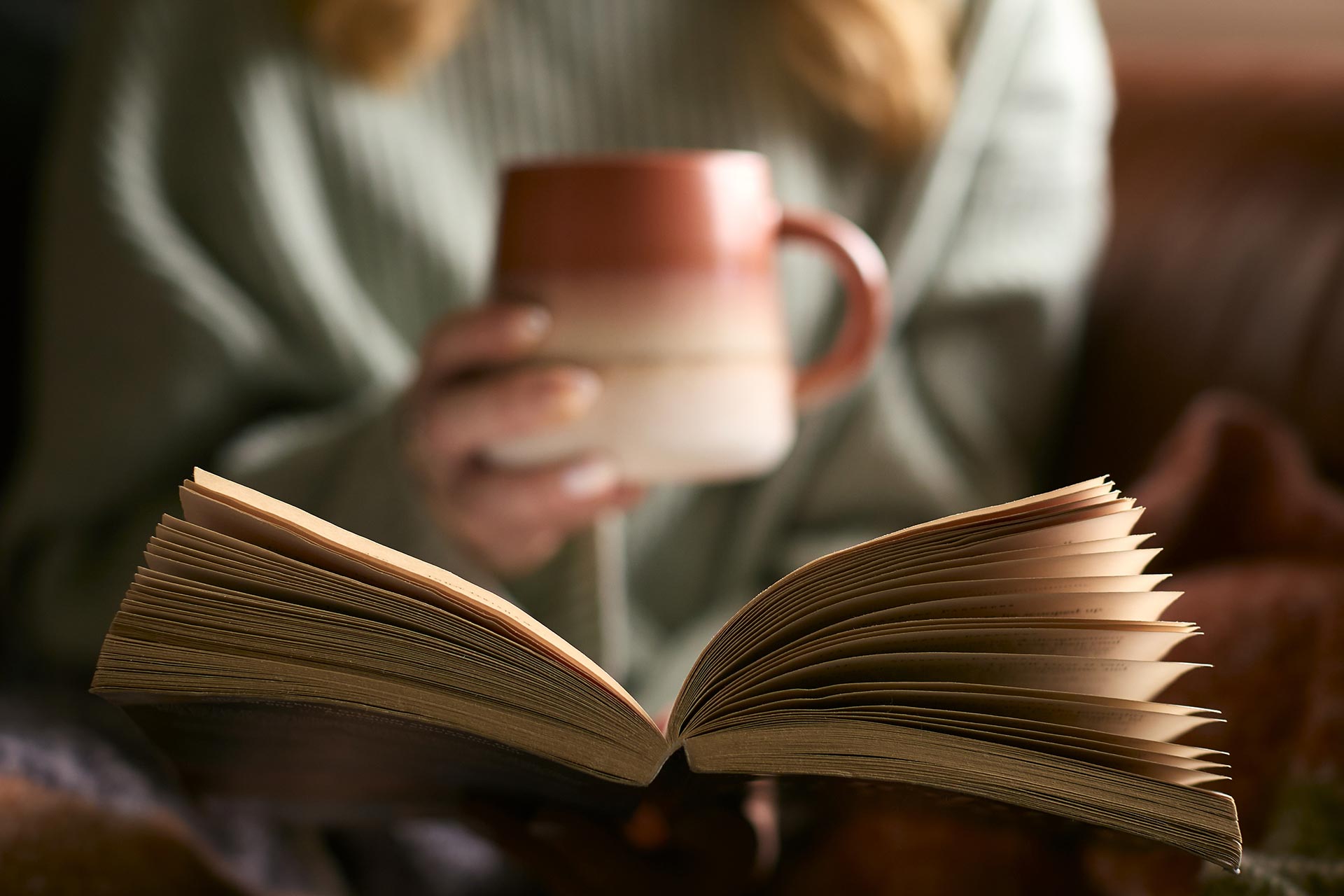 Close Up Of Woman At Home In Winter Jumper With Warming Hot Drink In Mug Reading Book