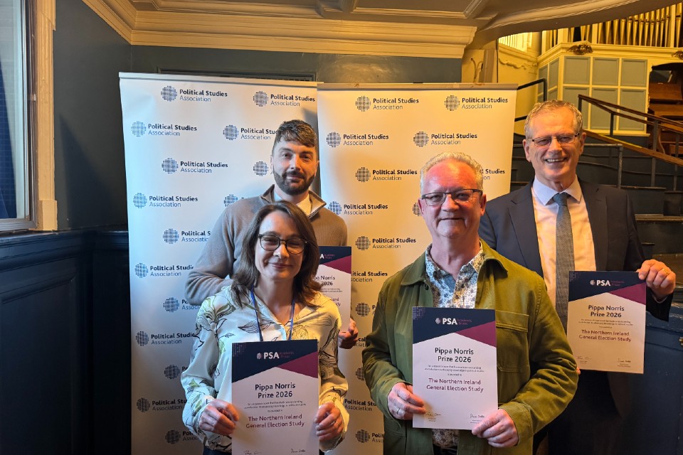 Pictured receiving their award at the Political Studies Association annual conference at Oxford University are (rear) Professor Tonge and Dr Haughey, along with (front) Professor Katy Hayward (QUB) and Dr Paul Mitchell (LSE).