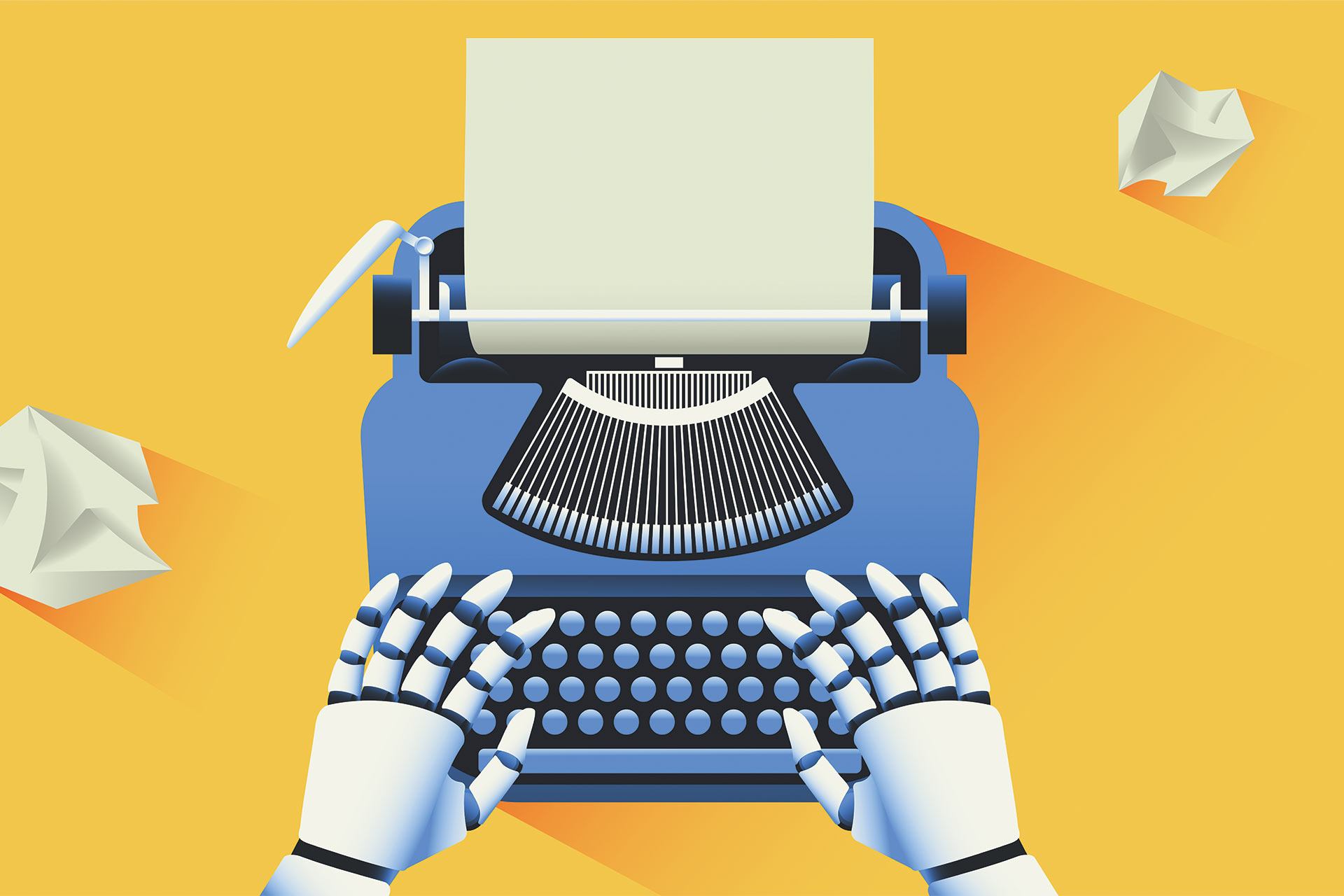 Robot typing text on a typewriter. Artificial intelligence generated text and future of journalism concept. Vector illustration.